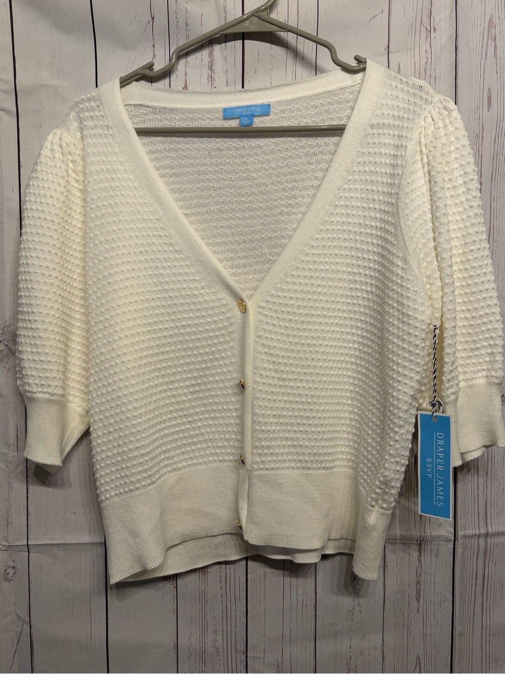 Draper James Ivory V-Neck Button Front Short Sleeve Sweater